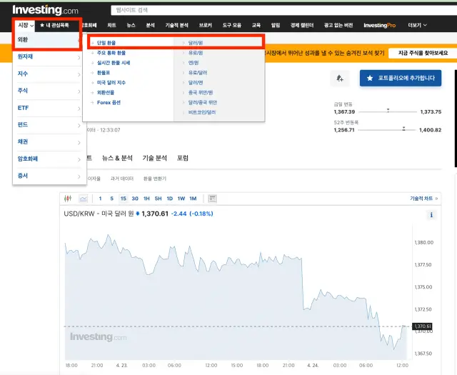 인베스팅닷컴 실시간 역외환율 조회